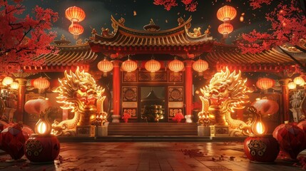 A Chinese courtyard with red lanterns and golden lion statues.
