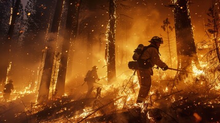 Firefighters battling flames in a forest, heroic efforts to contain a wildfire