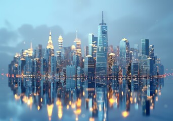 Fototapeta premium A stunning view of the Manhattan skyline at night with the Hudson River in the foreground