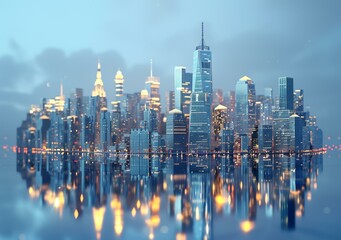 A stunning view of the Manhattan skyline at night with the Hudson River in the foreground