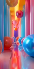 Pink and blue pastel color 3D rendering of a hallway with large glossy spheres