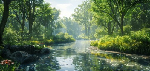 A tranquil river flowing through a lush green forest