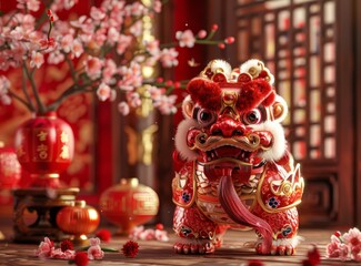 Fototapeta premium A red and gold lion statue with cherry blossoms and red lanterns
