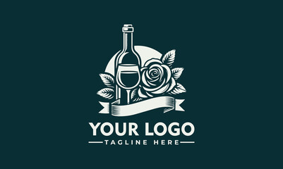 bottle of wine and a beautiful rose vector logo design