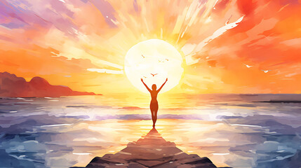 Create a watercolor background of a serene yoga session on a beach at sunrise