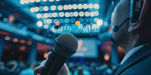 An image of a businessman giving a presentation or speech at a business conference or seminar, with a microphone and projection screen, illustrating public speaking and presentation skills,