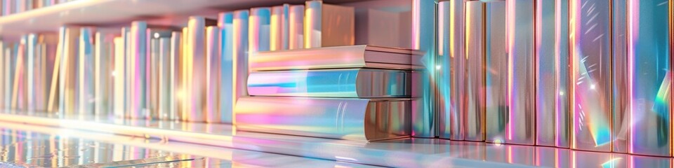 Elegant D Rendering of Books with Iridescent Lighting and Pearlescent Resin Inlays