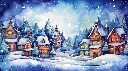 Create a watercolor background of a snow-covered village during the holiday season