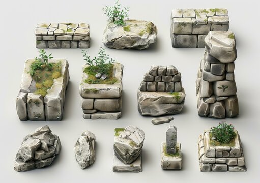 A collection of stone structures, including walls, planters, and a tower.