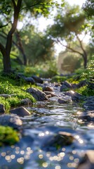 Fototapeta premium Small river flowing through a lush sunlit forest