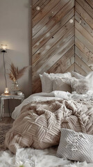 A bedroom with a wooden headboard and a white bed with a white comforter. The bed is surrounded by pillows and a blanket