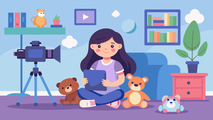 A girl sitting in her room surrounded by stuffed animals and filming a video for her channel where she reads and reviews childrens books.. Vector illustration