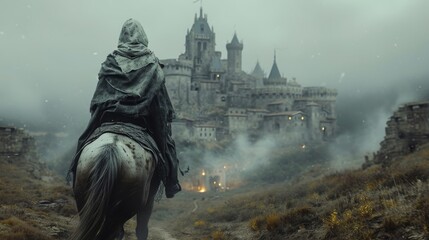 a medieval Templar knight on horseback with a castle in the background - Powered by Adobe