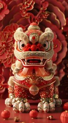 Fototapeta premium 3D rendering of a Chinese lion statue with red and gold accents
