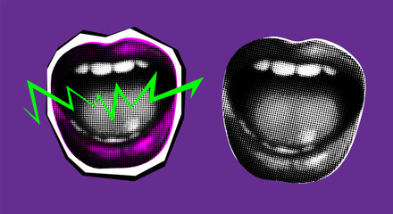 Set of halftone open mouth in scream. Collage design lips in trendy Y2K magazine style. Vector illustration with crazy punk cutout element.