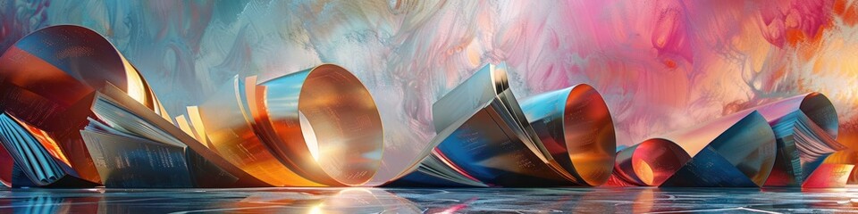 Kaleidoscopic Lighting Transforms D Books into a Vibrant Display of JewelToned Pastels and Kinetic Metal Sculptures - obrazy, fototapety, plakaty