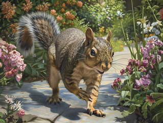 Obraz premium A squirrel is walking on a path in a garden. The flowers are pink and purple