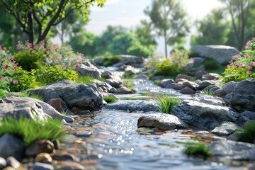 stones in a river with green plants growing on the banks