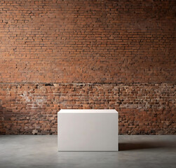 White rectangular platform against a brick wall background.