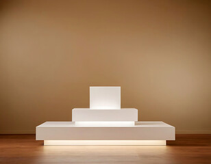 White rectangular platform with backlighting on a brown background.