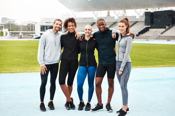 Fitness, race track and portrait of group of people in arena for challenge, cardio workout or resilience training. Sports, diversity and happy athletes for relay event, teamwork or competition