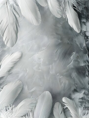 A white background with a large number of white feathers scattered across it. The feathers are arranged in a way that creates a sense of movement and fluidity, as if they are floating in the air