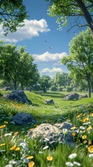 Obraz premium Birds Flying Over Green Field