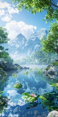 Fantasy mountain lake landscape with crystal clear water and green trees