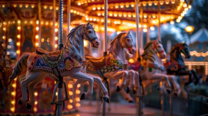 Vintage carousel at dusk with twinkling lights and ornate horses