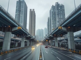 Fototapeta premium A wide shot of a busy urban highway interchange with skyscrapers in the background