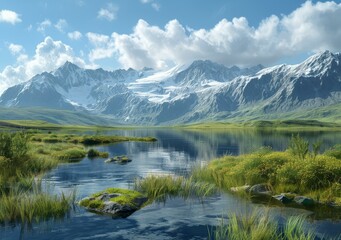 Fototapeta premium Mountains and lake in the distance with green grass and flowers in the foreground