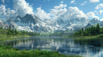 Mountains, lake and forest landscape