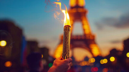 Hand holding torch fire with eiffel tower. Olympic games background.