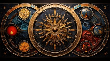 Wheel of Fortune tarot card, symmetrically arranged symbols of fate and destiny, clear lines giving a magical essence