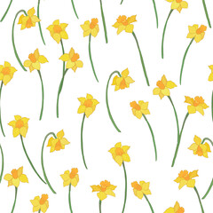 Daffodils seamless pattern. Hand drawn flowers. Vector illustration.