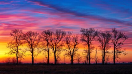 Fototapeta premium Silhouette of trees against a vibrant sunrise sky, nature awakening to a new day