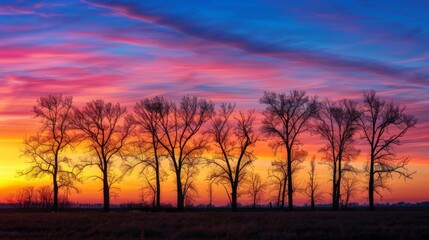 Silhouette of trees against a vibrant sunrise sky, nature awakening to a new day
