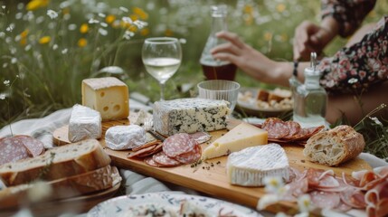 Person enjoys a gourmet picnic spread with variety of cheeses and meats in a lush, green field