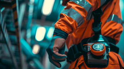 Close-up of an industrial worker wearing orange safety gear, focusing on the hands adjusting critical equipment.