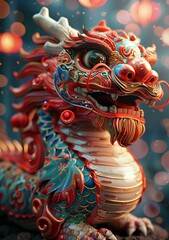 Fototapeta premium A red and blue dragon with white and yellow details