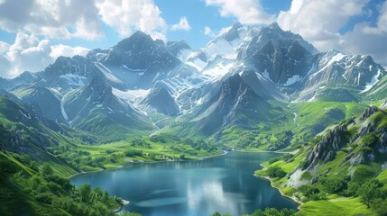 Stunning mountain landscape with crystal clear lake and lush green hills - Powered by Adobe