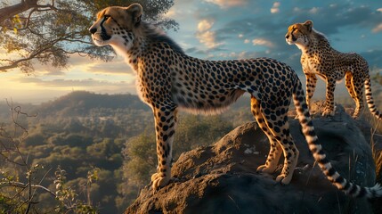 Two cheetahs standing on a rocky hillside, one of which is looking at the camera. The scene is serene and peaceful, with the cheetahs standing tall and proud on the rocky terrain - Powered by Adobe