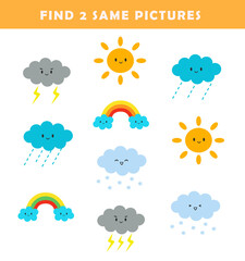 Find 2 same pictures. Puzzle game for children. Preschool worksheet activity for kids. Educational game with cute weather illustration.