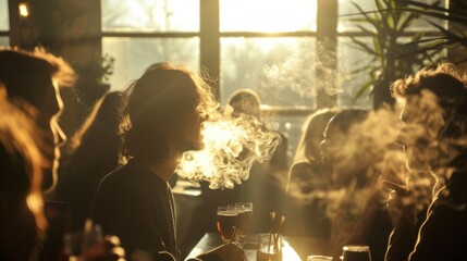 Smoke enveloping a social gathering, illustrating smoking in social contexts - Powered by Adobe