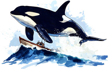 Obraz premium Jumping Orca, Watercolor Killer Whale, illustration, Transparent background