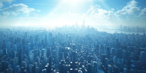 Blue cityscape with skyscrapers and sunlight