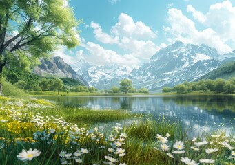 Mountains, lake and flowers