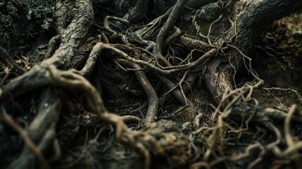 Intricate network of tangled roots close-up, highlighting nature's complexity