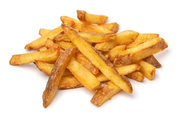 Heap of fresh baked French peel potato fries isolated on white background close up