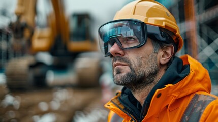 A construction supervisor utilizing augmented reality glasses to oversee machinery operations and safety protocols on-site.